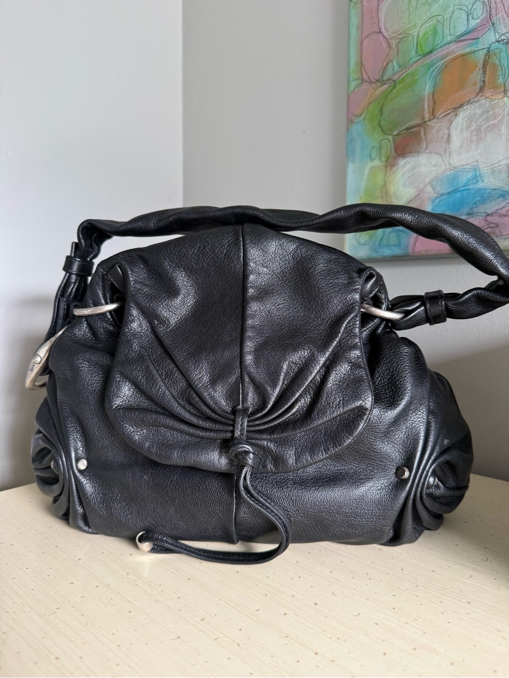 Yves Saint Laurent Black Gathered Leather Shoulder Bag